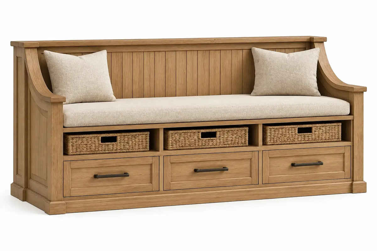 Diván con almacenamiento con detalles de entramado y cajones, marrón y beige