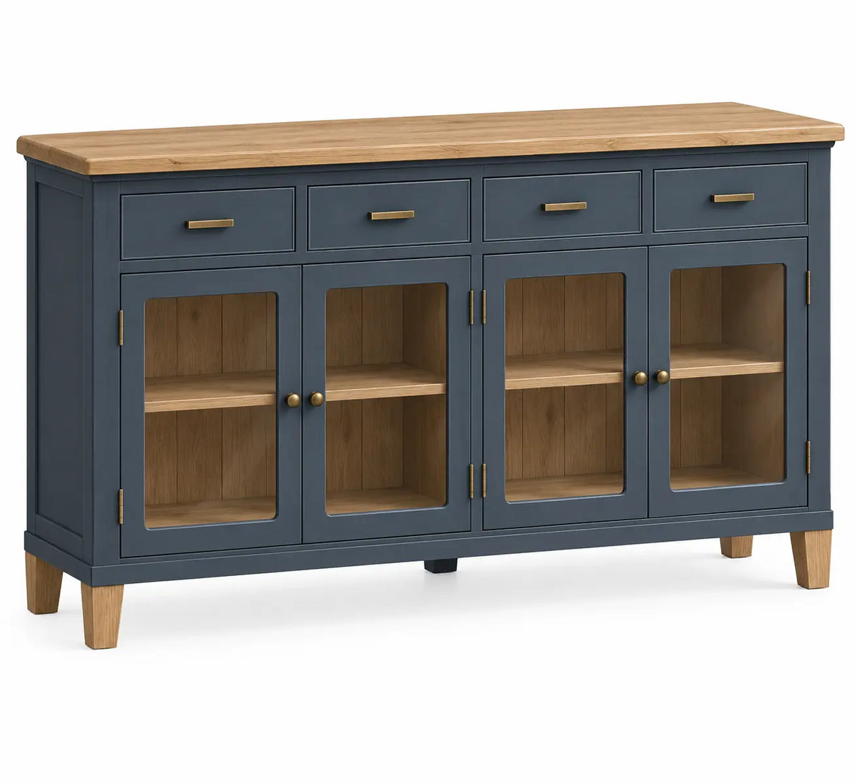 Aparador de almacenamiento con puertas acristaladas, azul y marrón