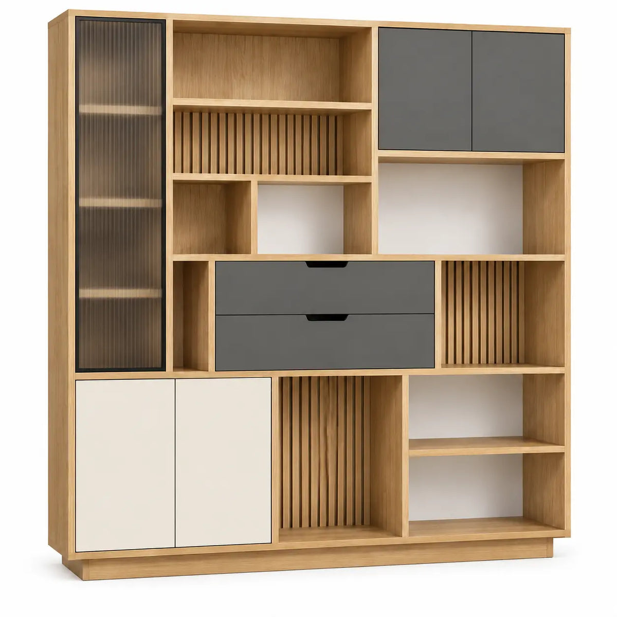 Estantería con almacenamiento con compartimentos abiertos, marrón, gris y blanco