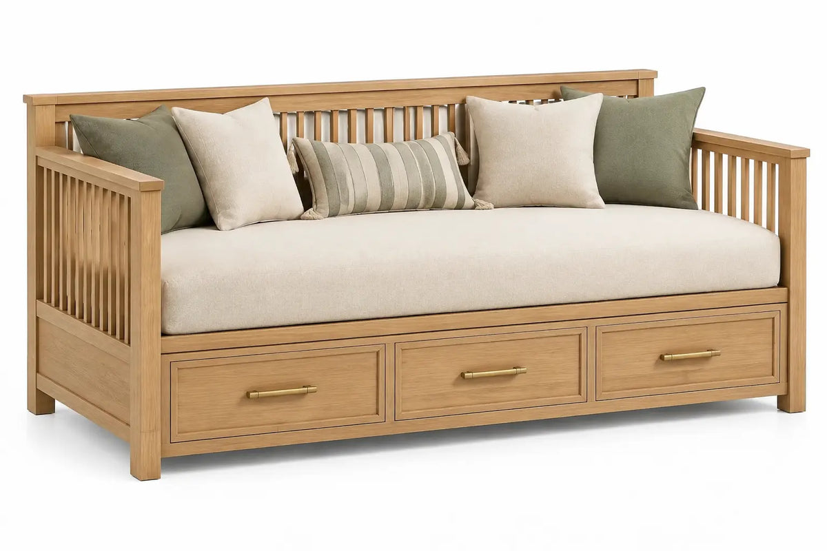 Diván con almacenamiento con detalles de líneas verticales y cajones, marrón, beige y verde