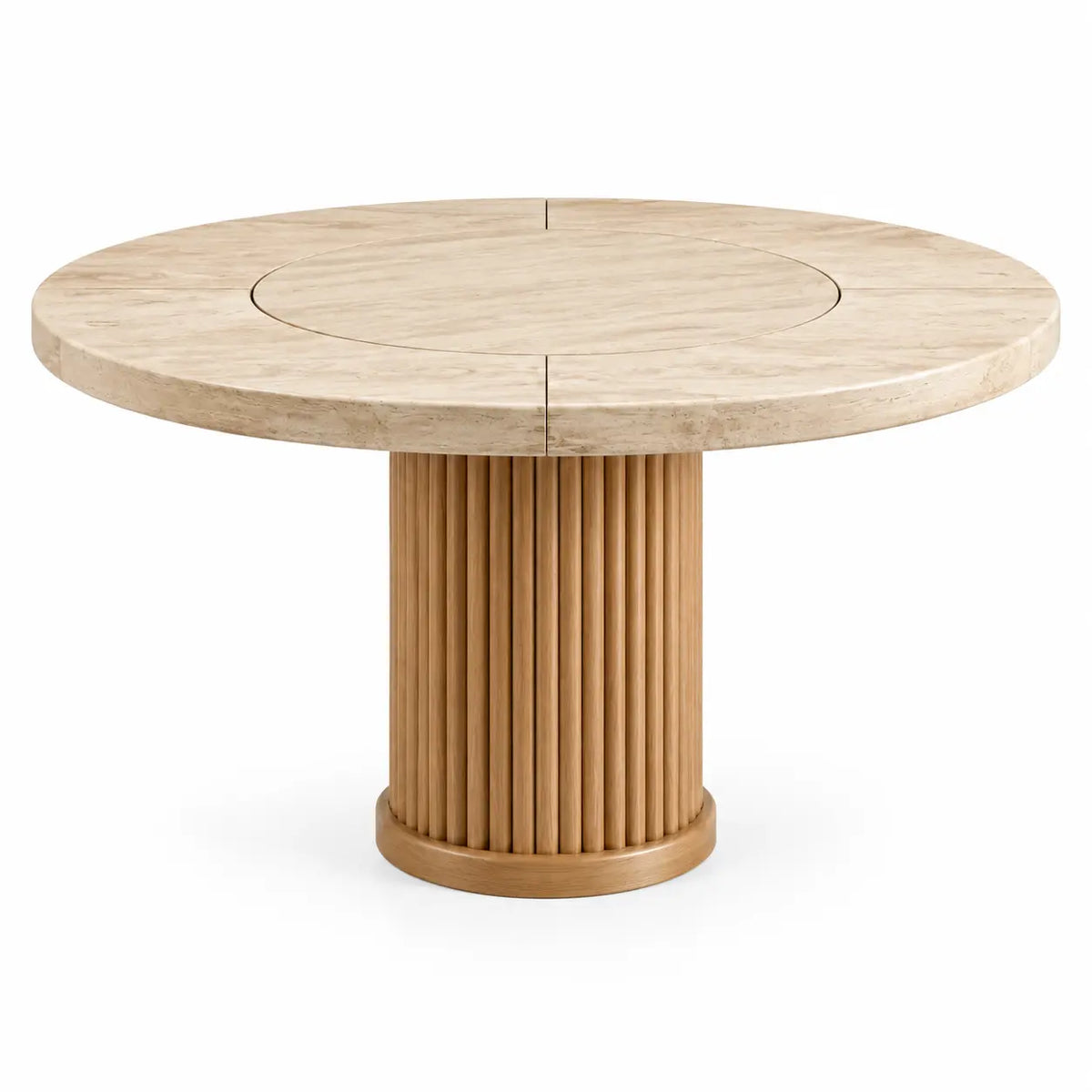 Mesa de comedor de contorno redondeado, beige y marrón