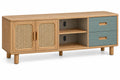 Mueble bajo para televisión con detalles de entramado y estantes, marrón y azul