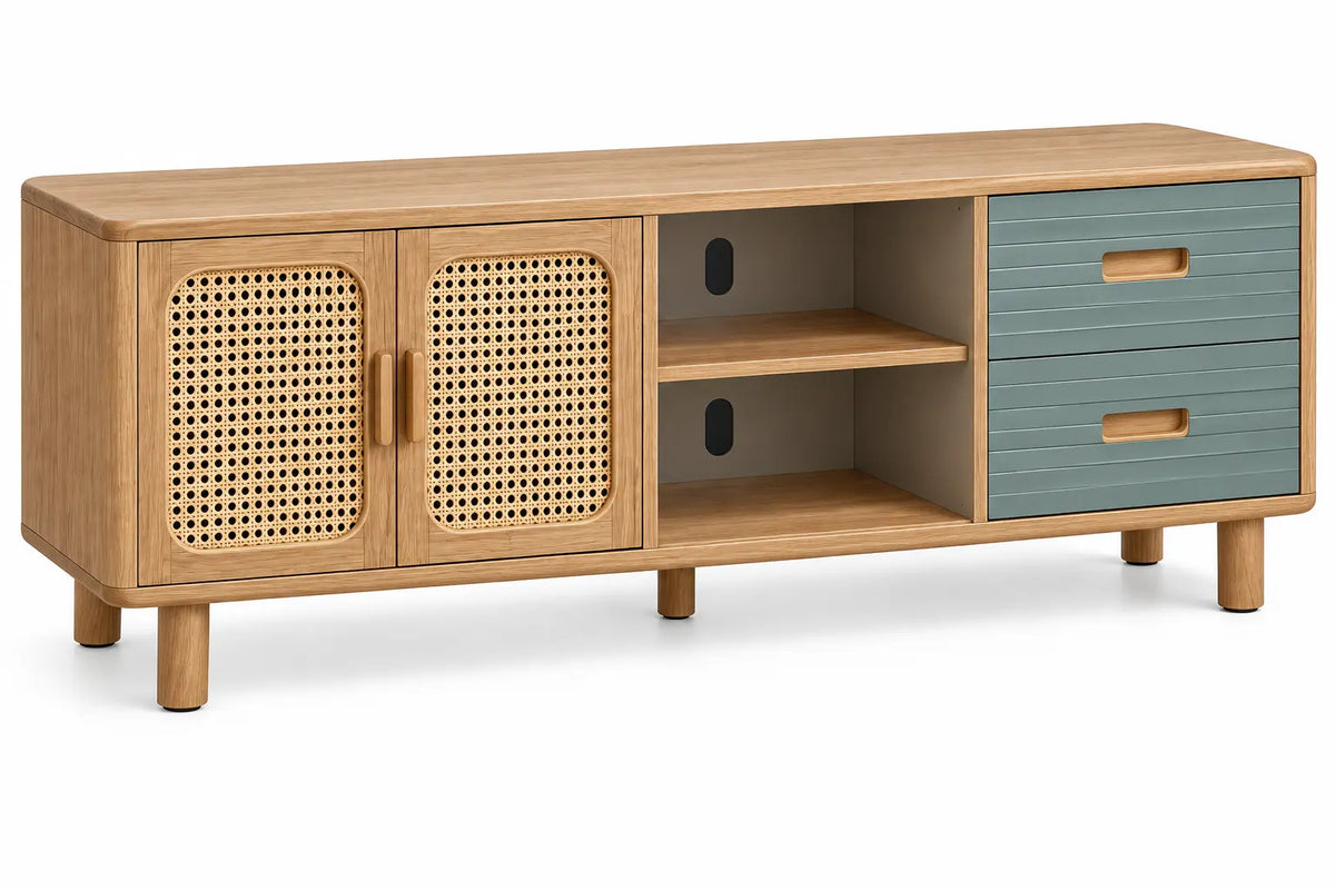 Mueble bajo para televisión con detalles de entramado y estantes, marrón y azul