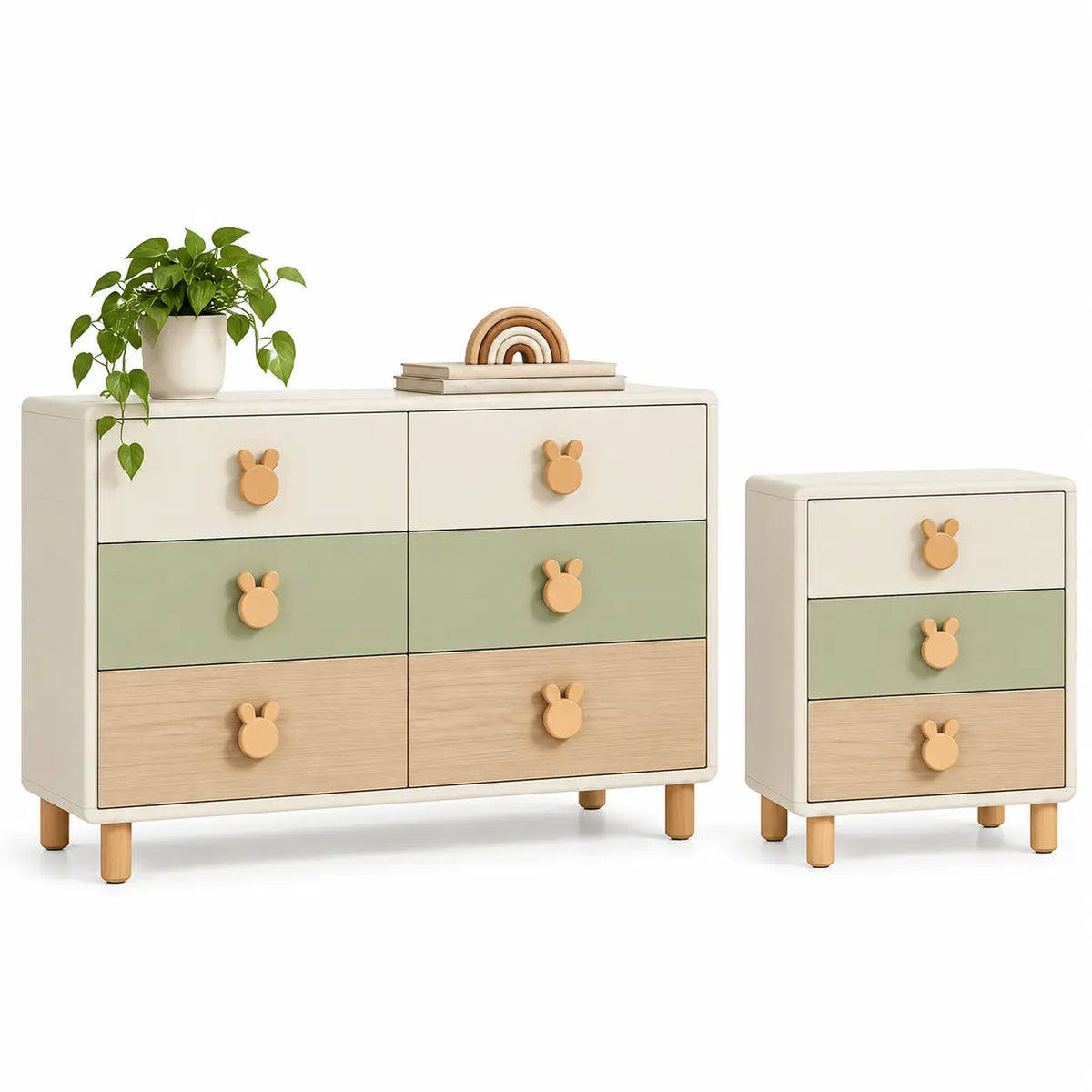 Conjunto de cómoda y mesita auxiliar con cajones, blanco, verde y marrón