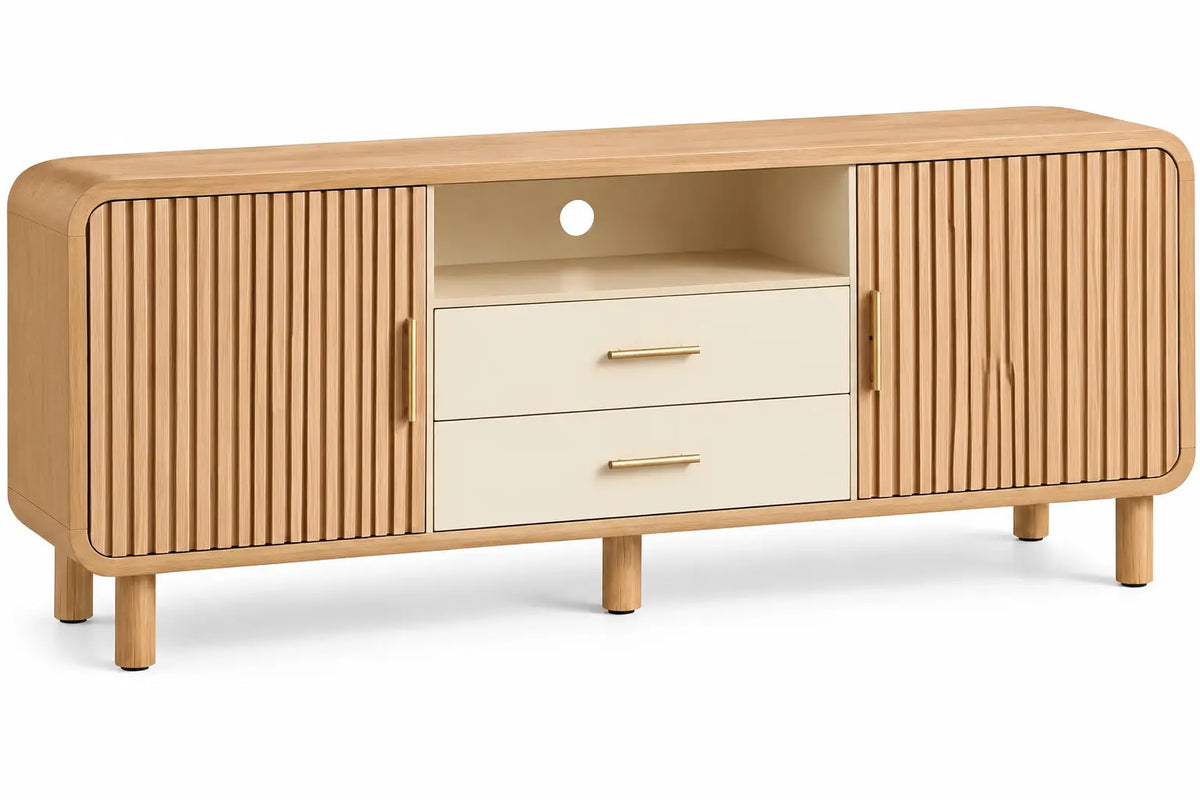Mueble bajo para televisión con detalles de líneas verticales y estantes, marrón y blanco